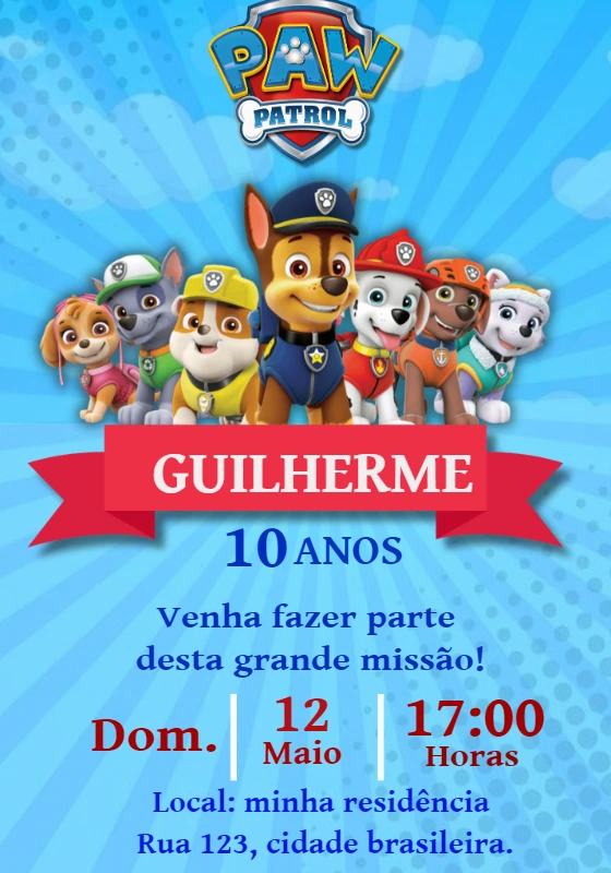 Convite de Aniversário Patrulha Canina para Editar Online