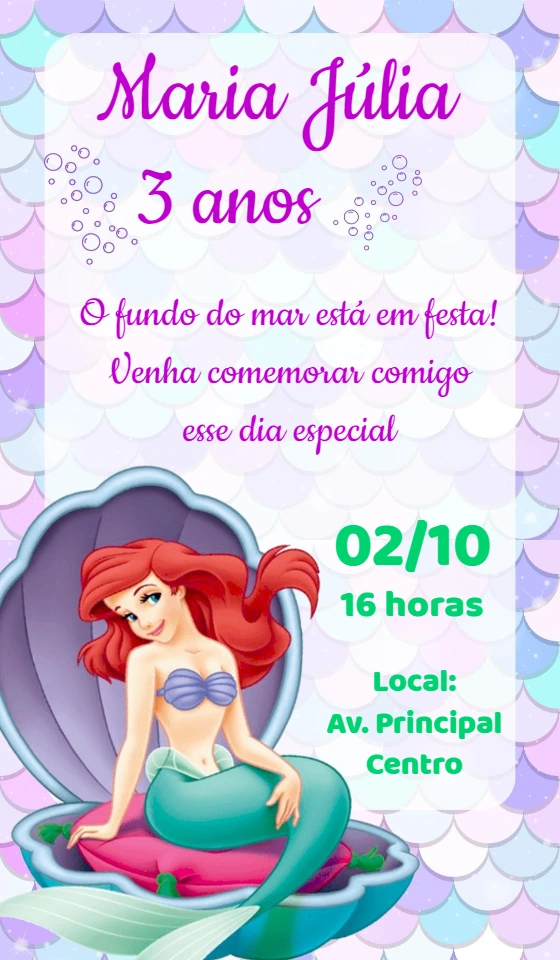 Convite Aniversário A Pequena Sereia para Editar e Imprimir