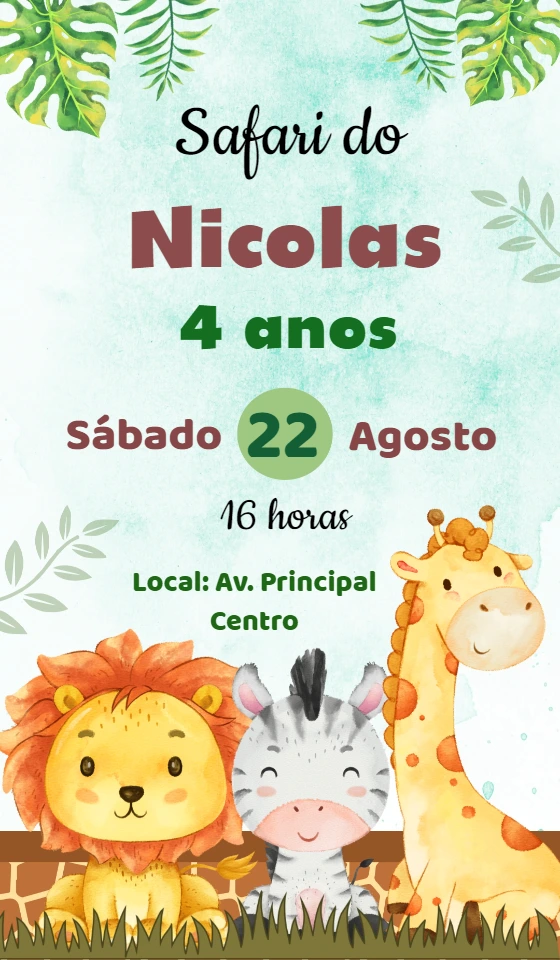 Convite de Aniversário Safari com Animais para Editar Online