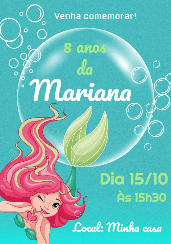 Convite de Aniversário Sereia para Editar Online