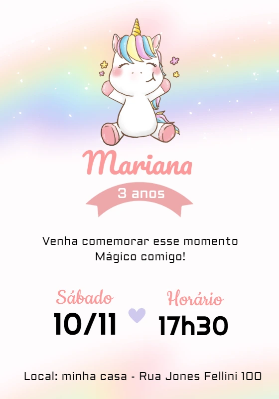 Convite de Aniversário Unicórnio Mágico para Editar Online
