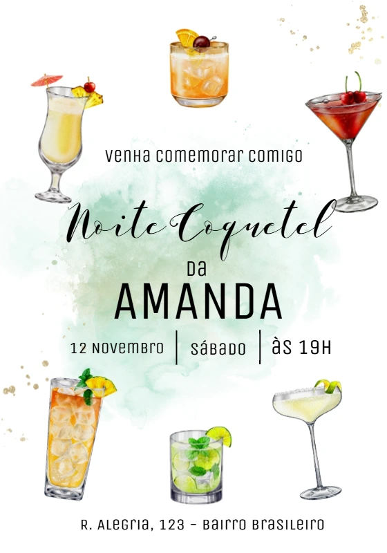 Convite Aniversário Festa Coquetel com Drinks para Editar Online