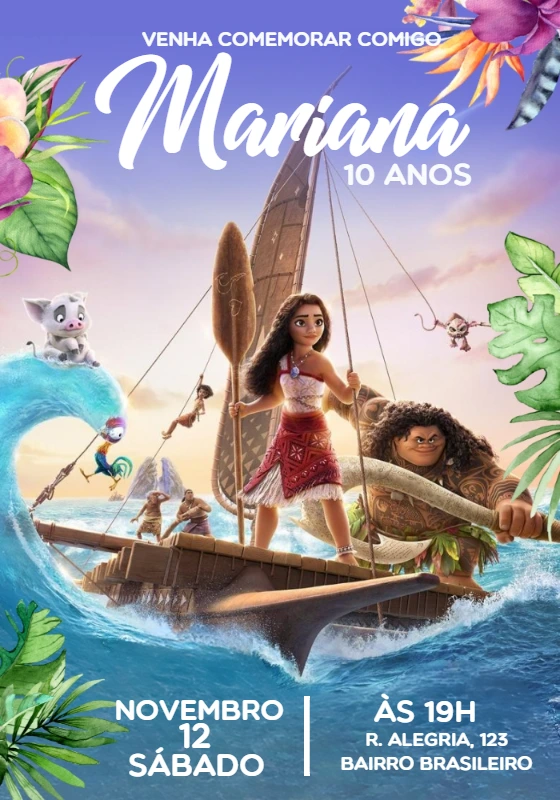 Convite de Aniversário Moana Aventura no Mar para Editar