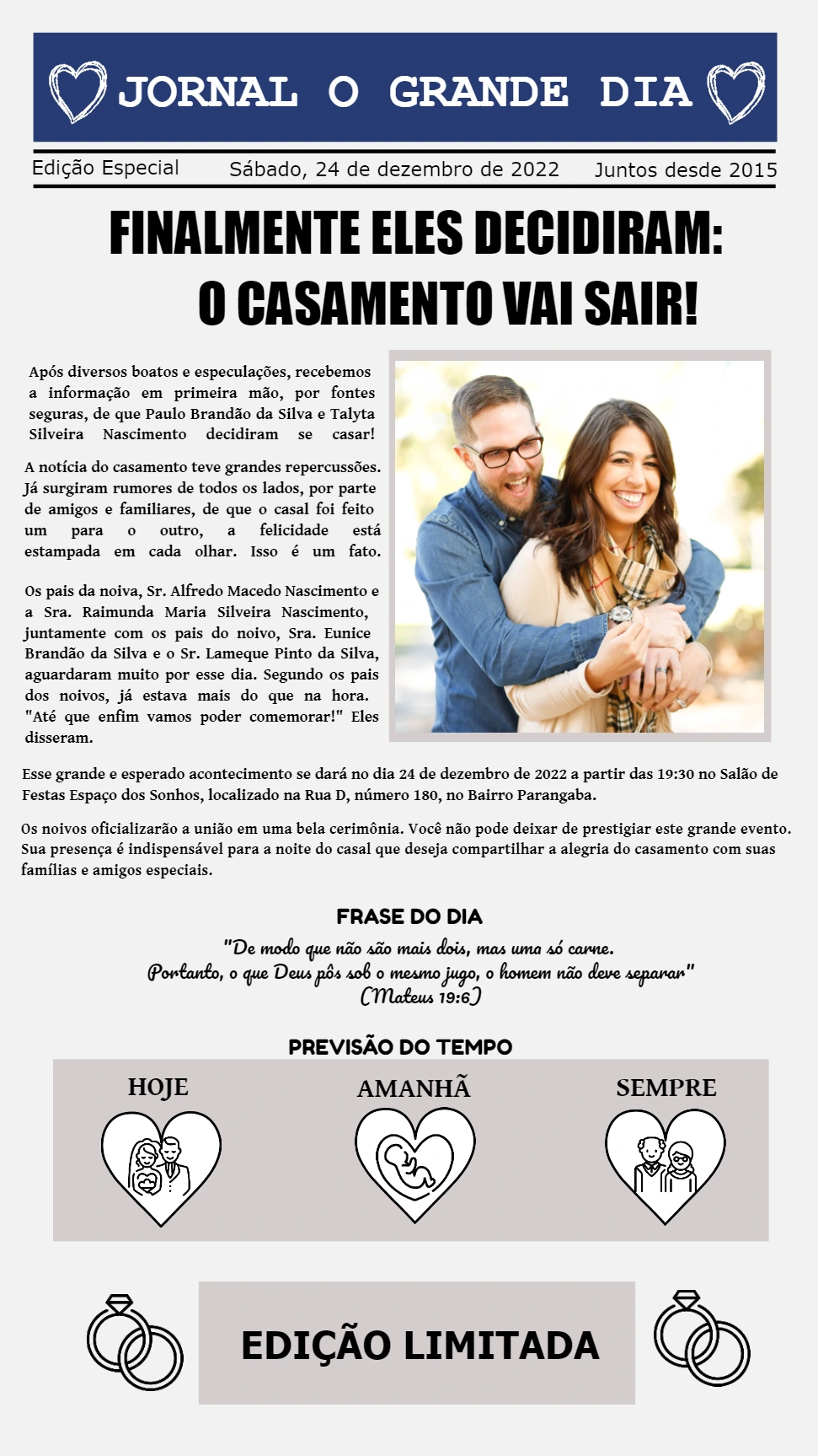 Convite de Casamento Jornal com Foto para Editar Online