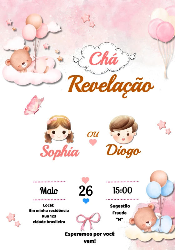 Convite Chá Revelação Ursinhos Fofos para Editar Online