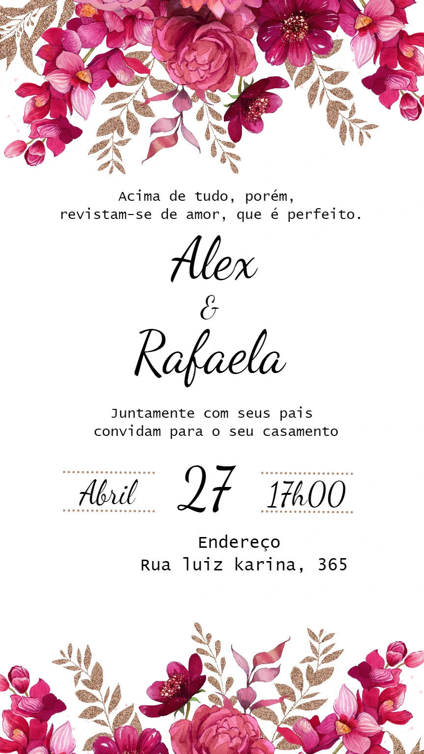 Convite de Casamento Floral Rosa para Editar Online