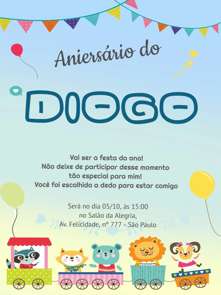 Convite Aniversário Trenzinho dos Animais para Editar Online