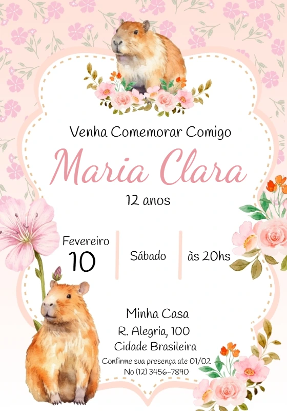 Convite Aniversário Capivara Rosa Floral para Editar Online