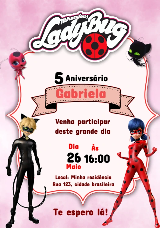 Convite Aniversário Ladybug Miraculous para Editar Online