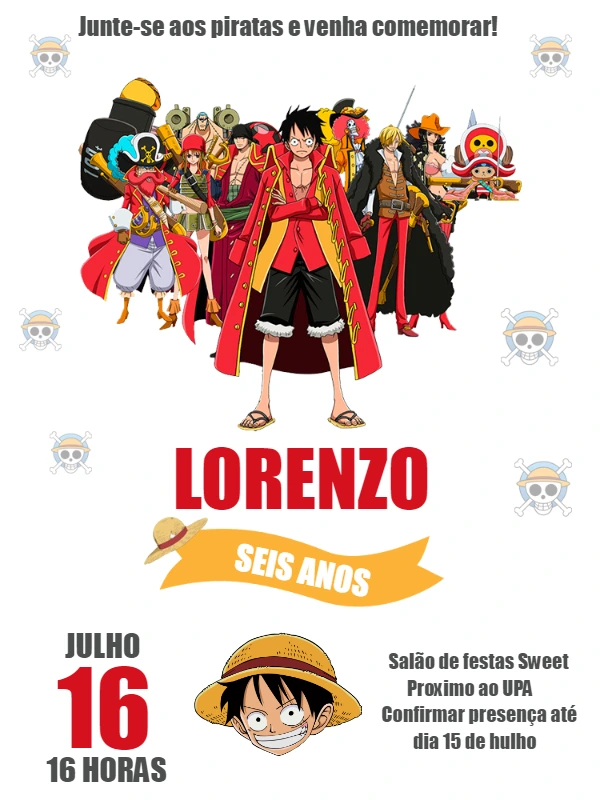 Convite Aniversário One Piece com Personagens para Editar