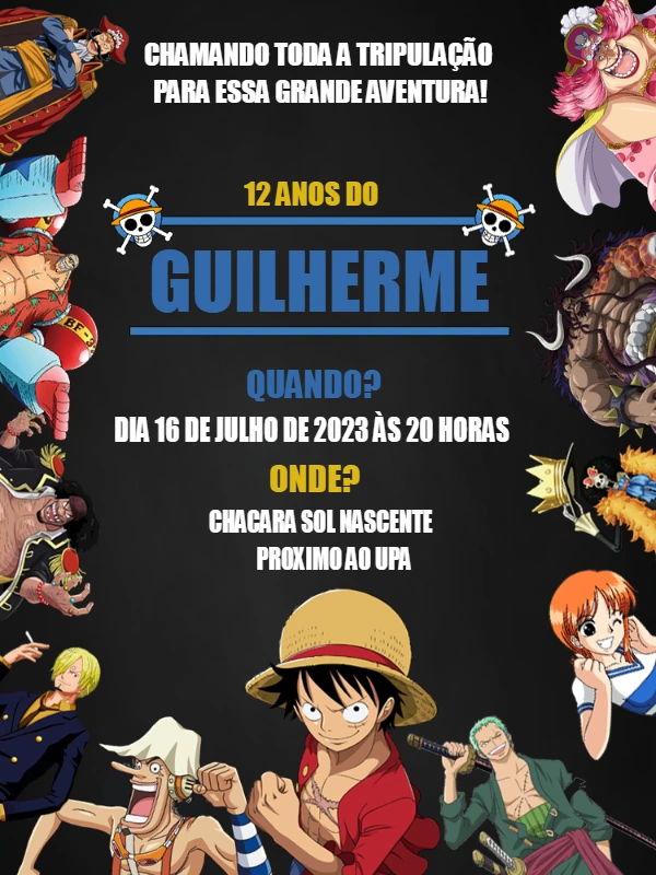 Convite de Aniversário One Piece com Personagens para Editar