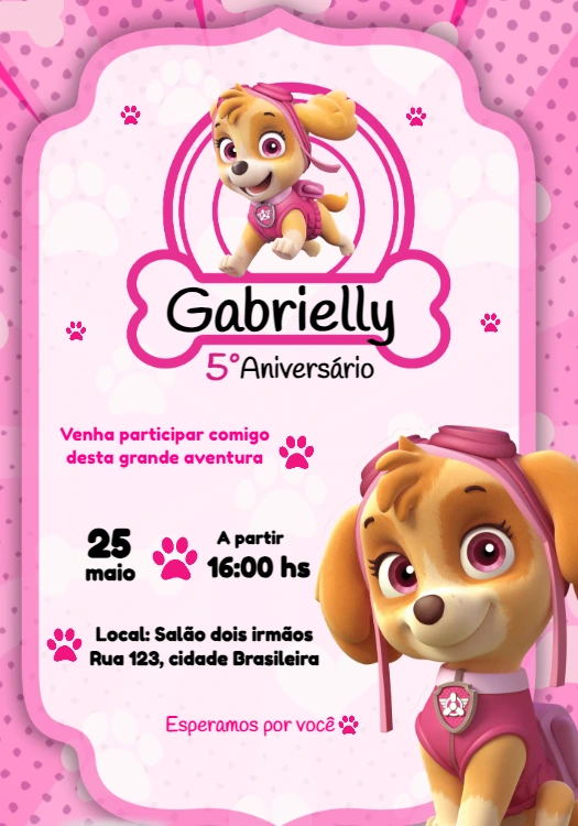 Convite de Aniversário Skye Patrulha Canina para Editar