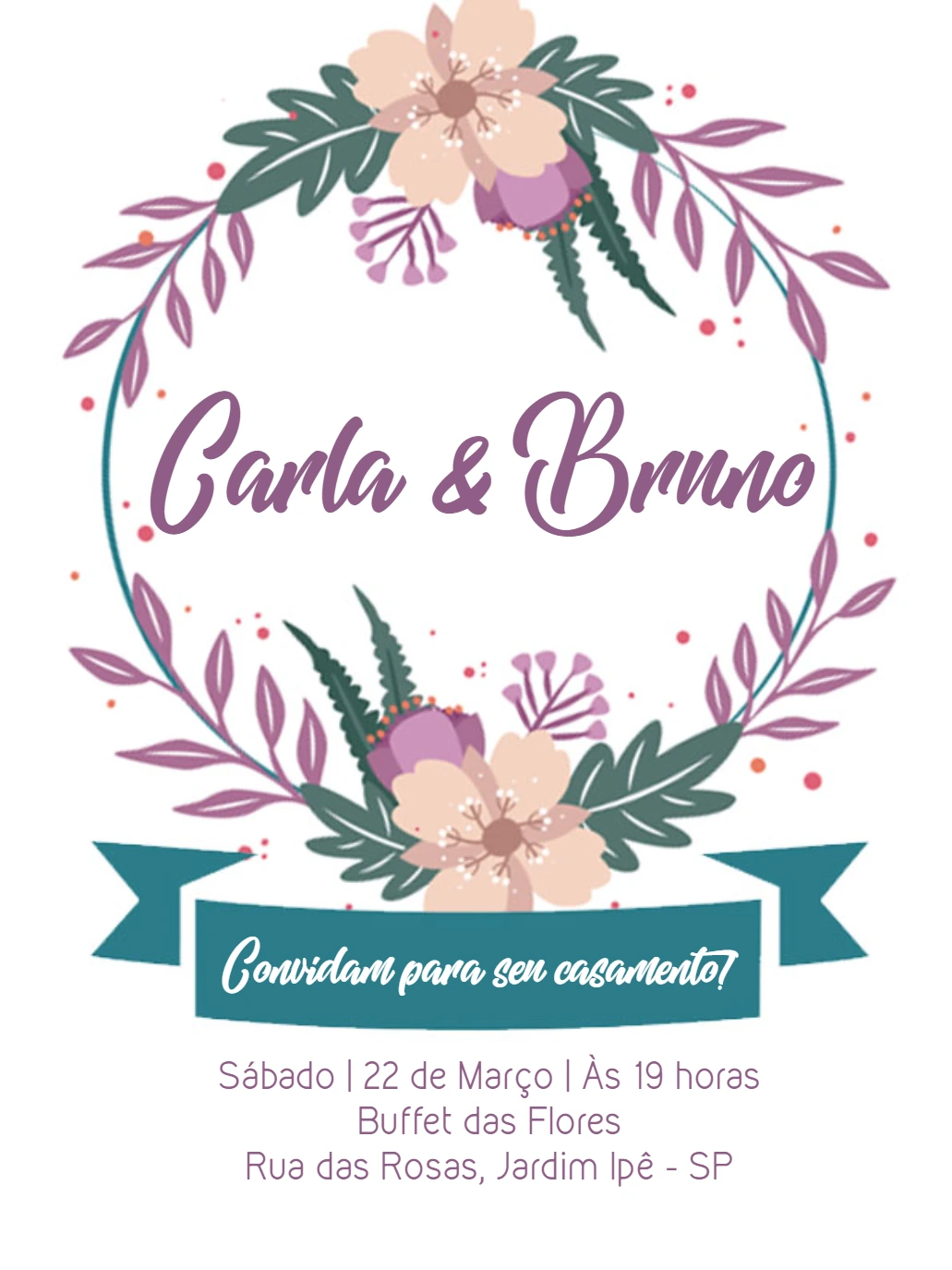 Convite de Casamento Floral Roxo com Guirlanda para Editar