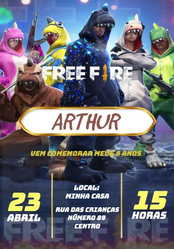 Convite Aniversário Free Fire Skins de Dino para Editar Online