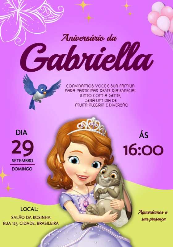 Convite Aniversário Princesinha Sofia Editável Online