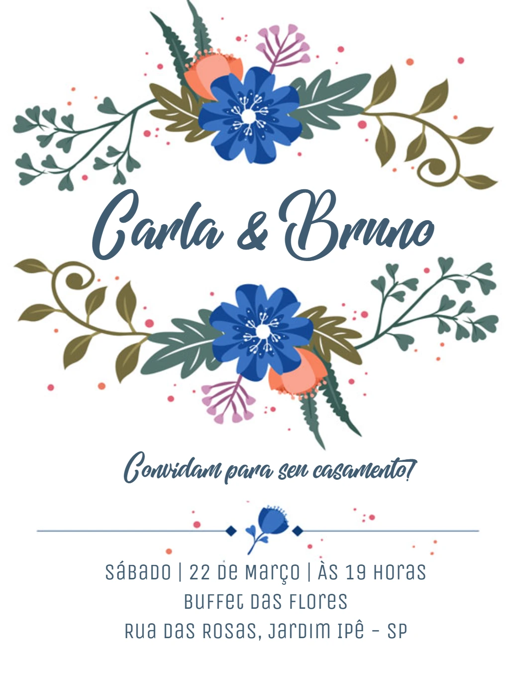 Convite de Casamento Floral Azul para Editar Online