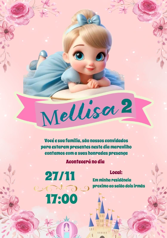 Convite Aniversário Cinderela Cute para Editar Online