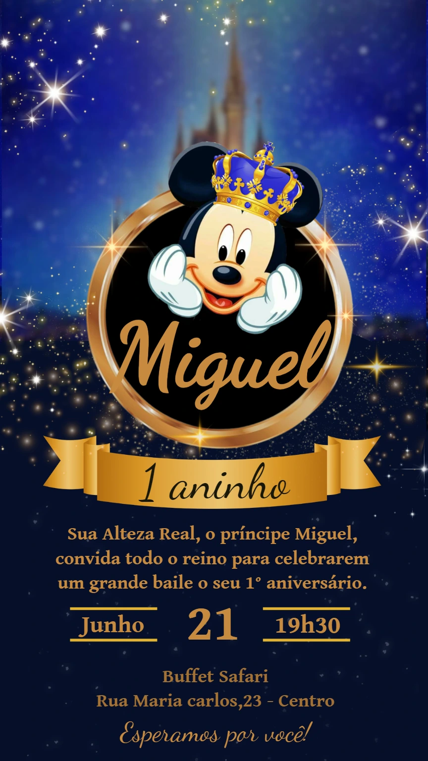 Convite Aniversário Mickey Príncipe Realeza para Editar Online