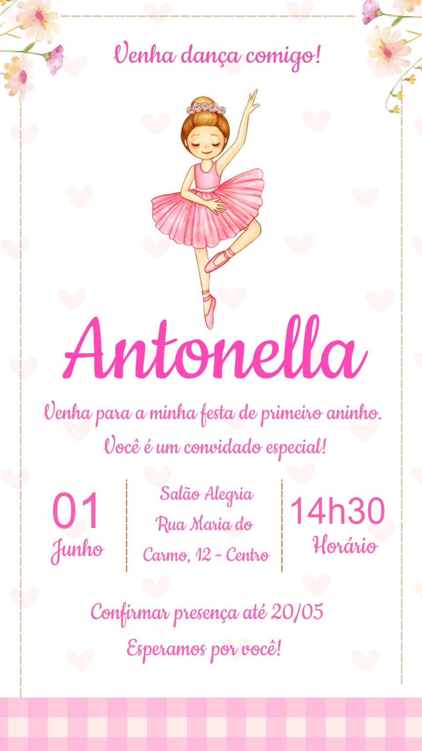 Convite Aniversário Bailarina Rosa para Editar Online