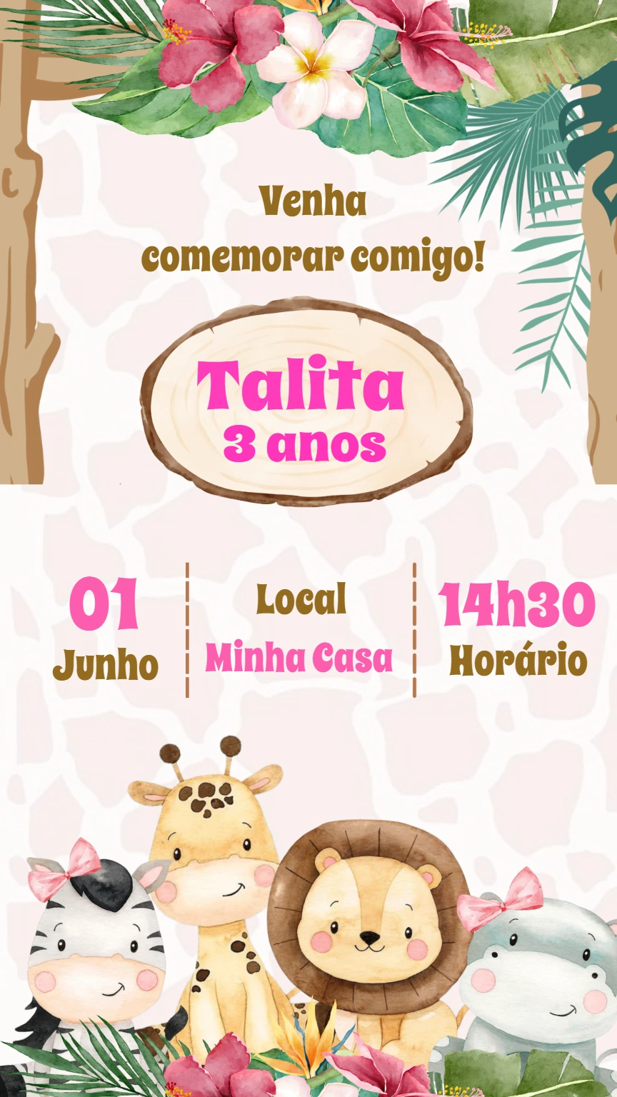 Convite Aniversário Safari Rosa com Animais para Editar Online