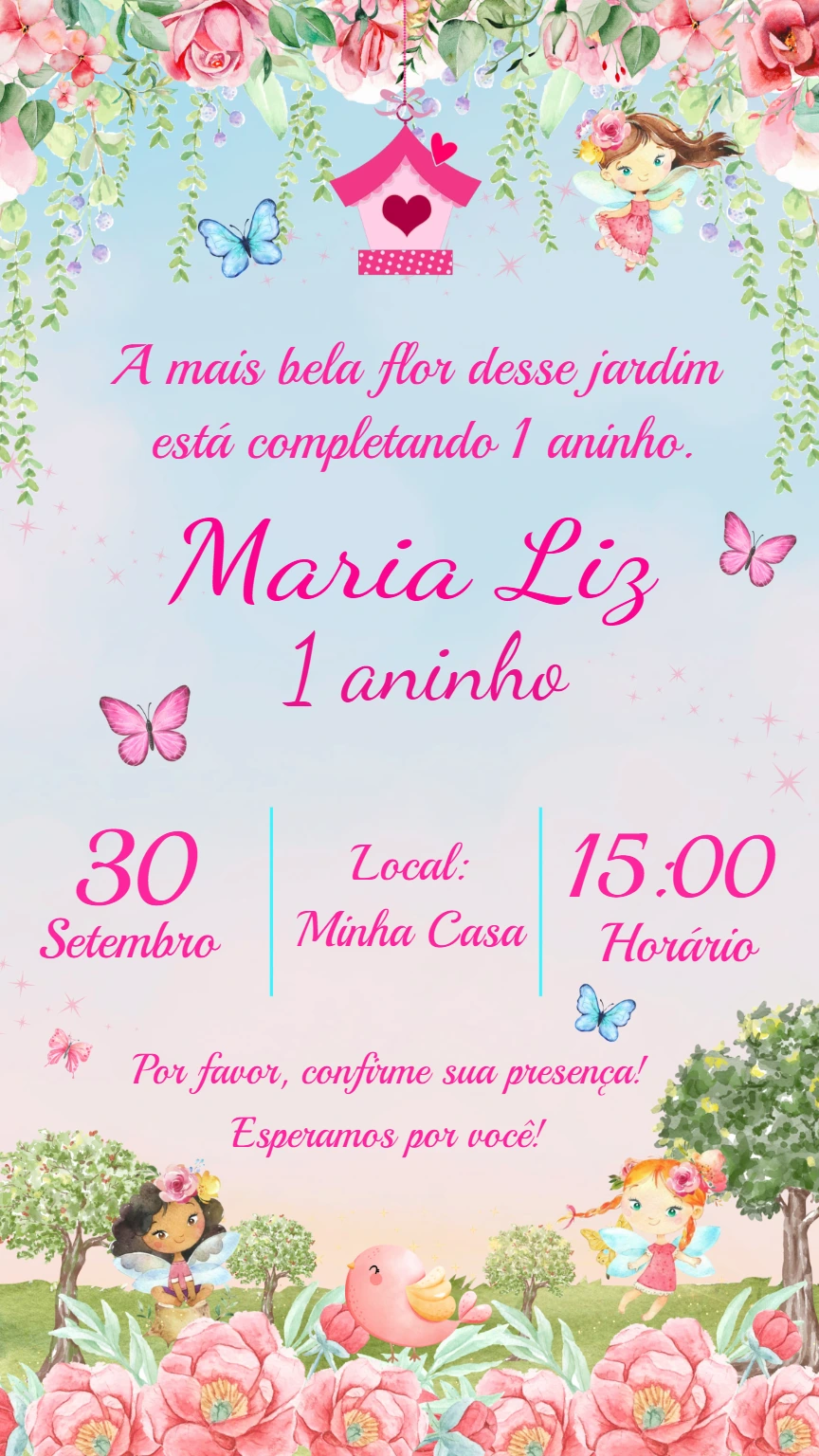Convite Aniversário Jardim Encantado com Fadas para Editar Online