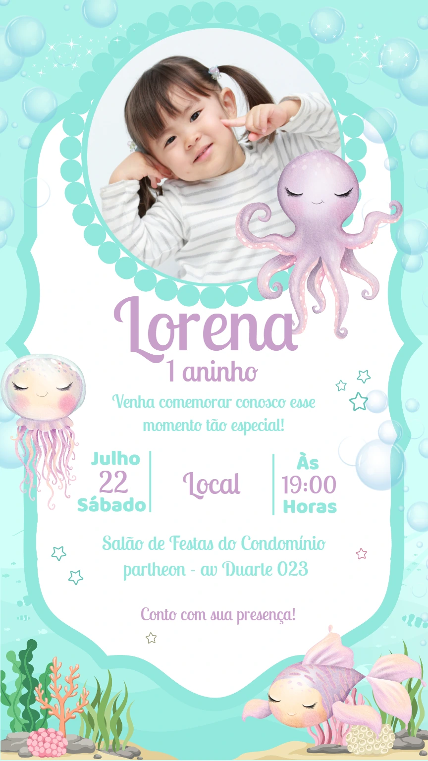 Convite de Aniversário Fundo do Mar com Foto para Editar Online