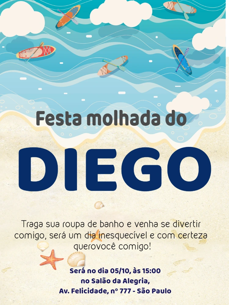 Convite de Aniversário Festa na Praia com Pranchas para Editar