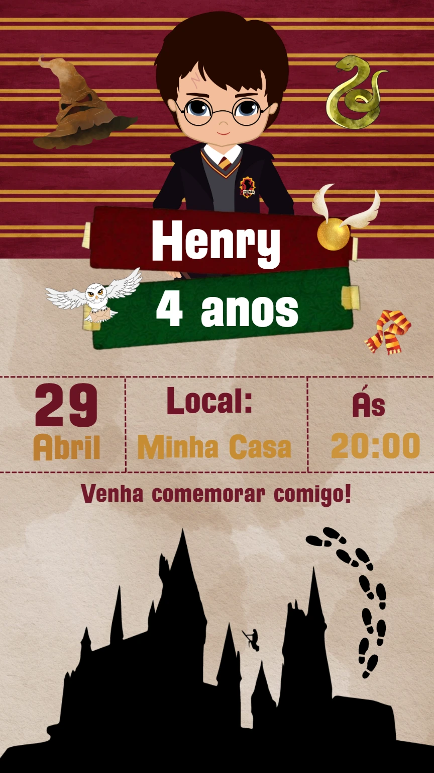 Convite de Aniversário Harry Potter Mágico para Editar Online