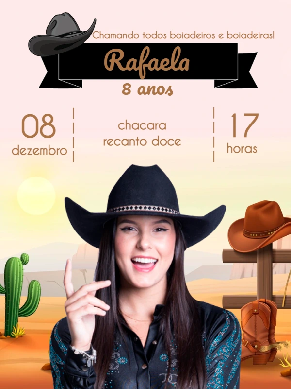 Convite de Aniversário Boiadeira Country para Editar Online
