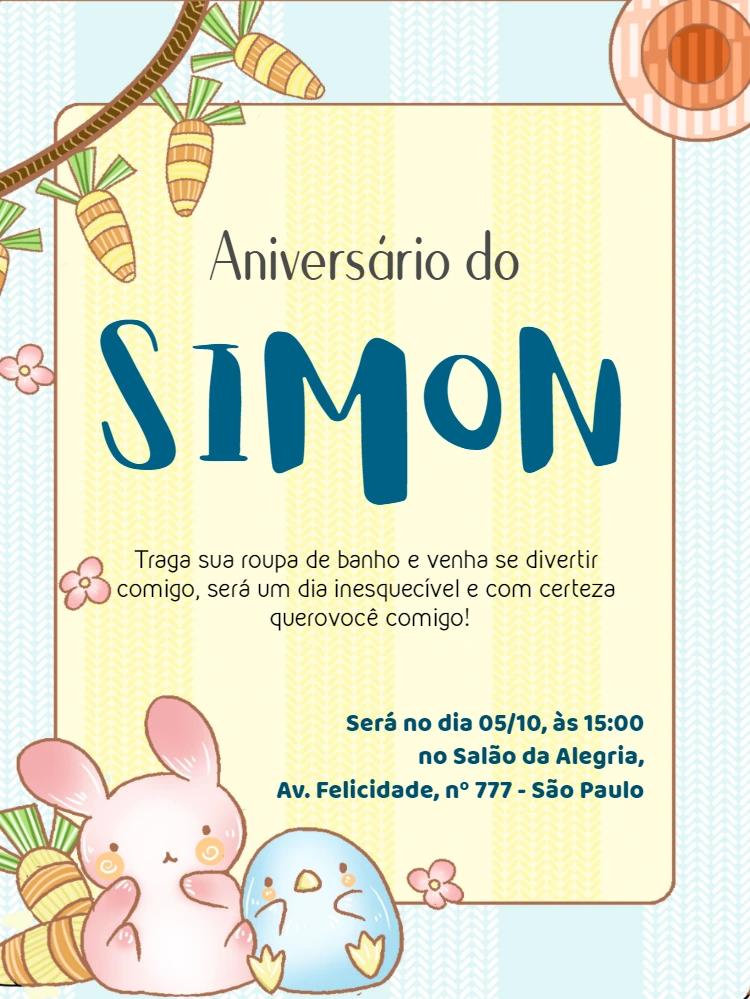 Convite de Aniversário Infantil Coelhinho Fofo para Editar