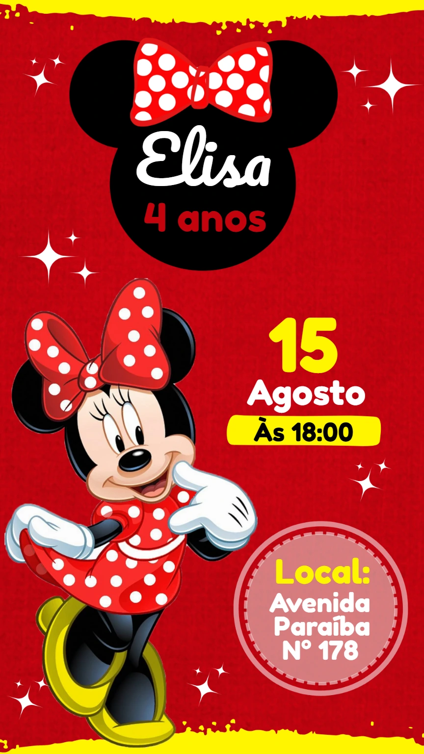 Convite de Aniversário Minnie Vermelha para Editar Online