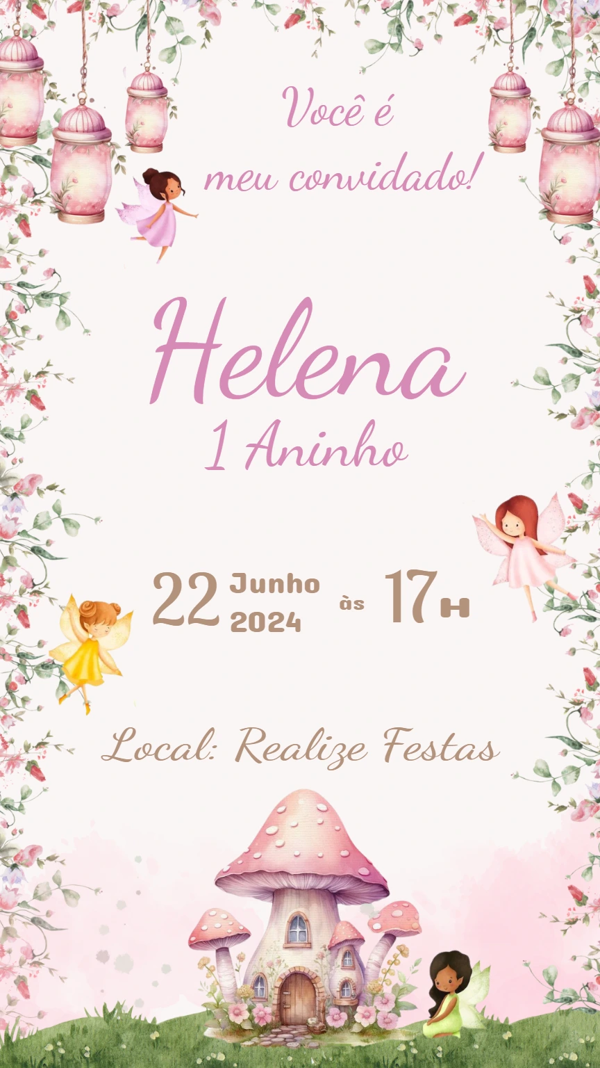 Convite de Aniversário Jardim das Fadas para Editar Online