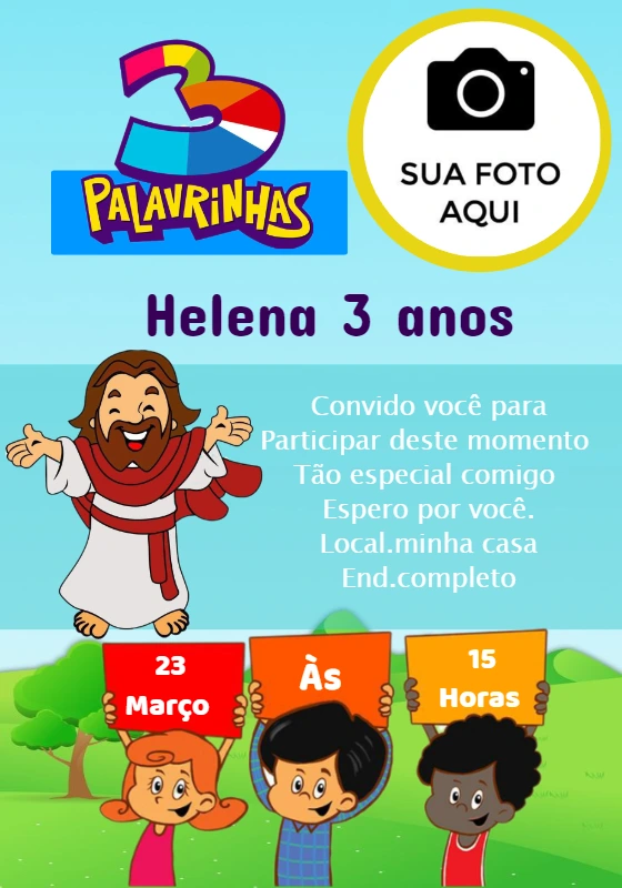 Convite Aniversário Três Palavrinhas com Foto para Editar