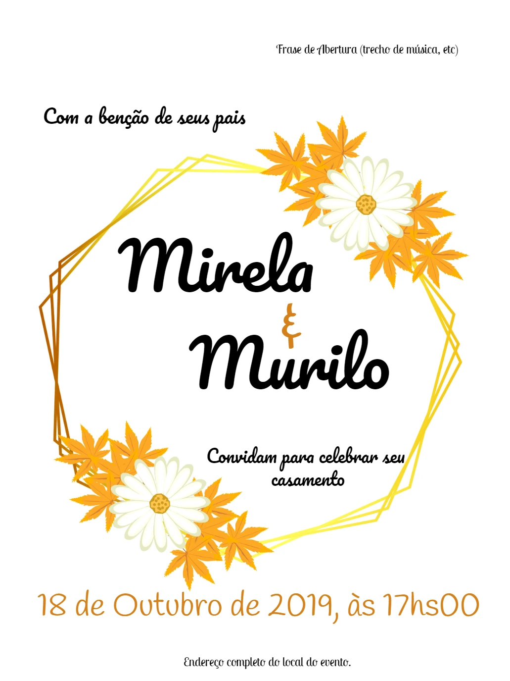 Convite de Casamento Floral Dourado para Editar Online