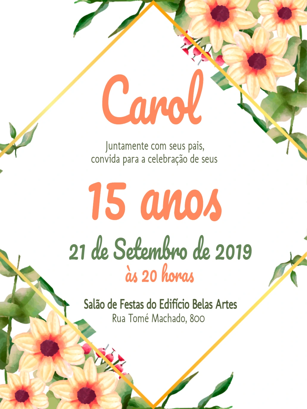 Convite 15 Anos Floral com Moldura Dourada para Editar