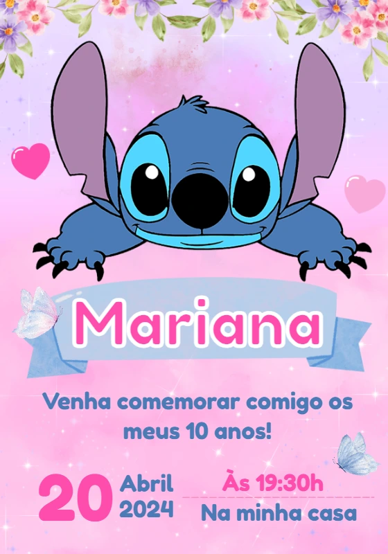 Convite Aniversário Stitch Aquarela para Editar Online