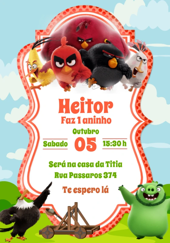Convite de Aniversário Angry Birds para Editar e Imprimir