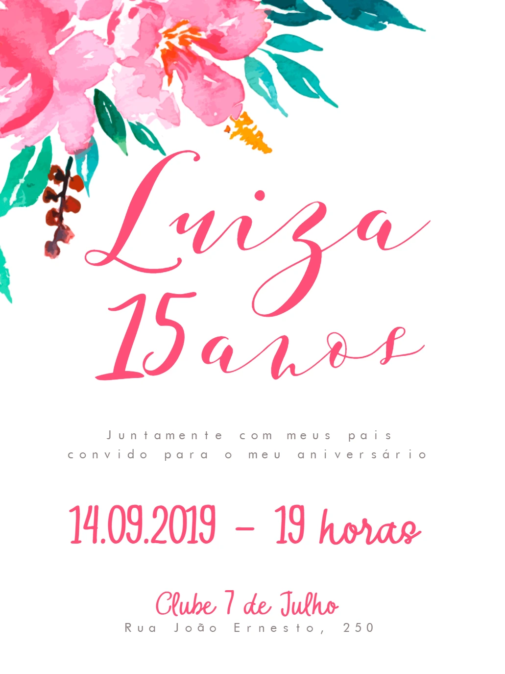 Convite 15 Anos Floral Aquarela Rosa para Editar Online
