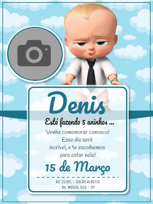 Convite Aniversário Poderoso Chefinho com Foto para Editar Online
