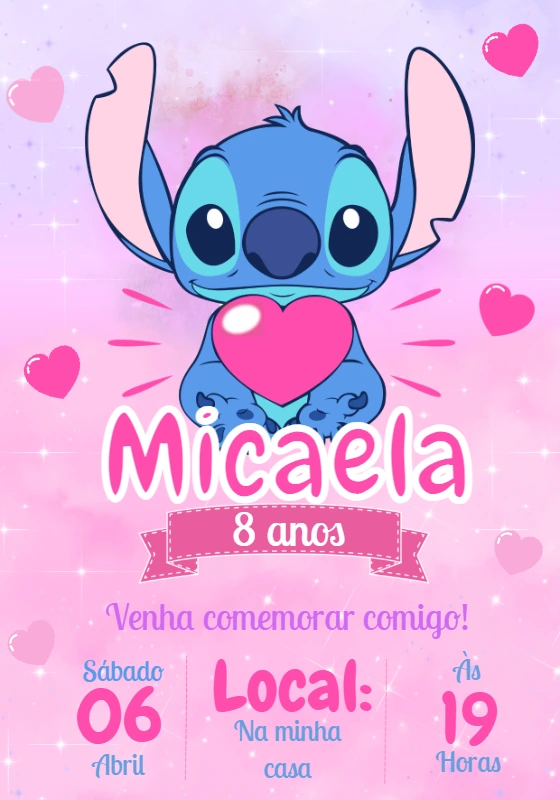 Convite de Aniversário Stitch Rosa para Editar Online