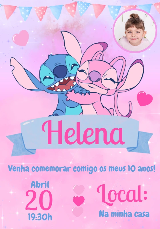 Convite de Aniversário Stitch e Angel com Foto para Editar