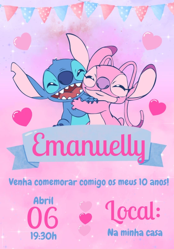 Convite Aniversário Stitch e Angel Aquarela para Editar Online