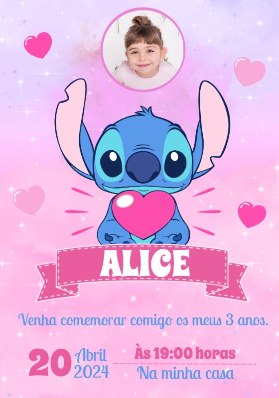Convite Aniversário Stitch com Foto para Editar Online