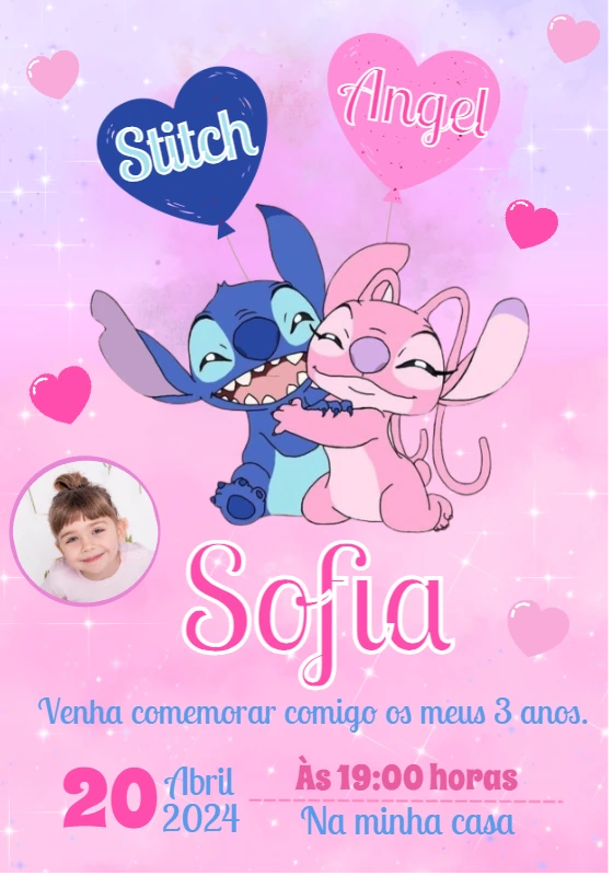 Convite Aniversário Stitch e Angel com Foto para Editar