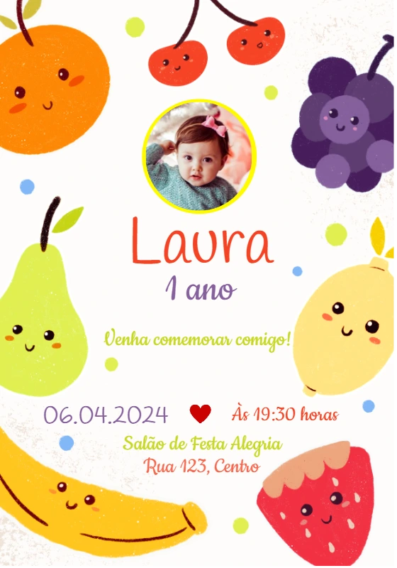 Convite Aniversário Frutinhas com Foto para Editar Online