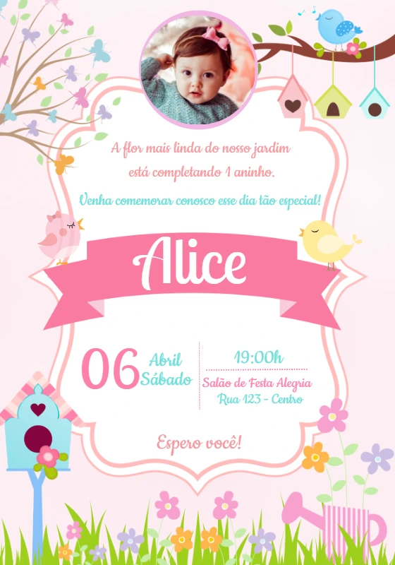 Convite Aniversário Jardim Encantado com Foto para Editar Online