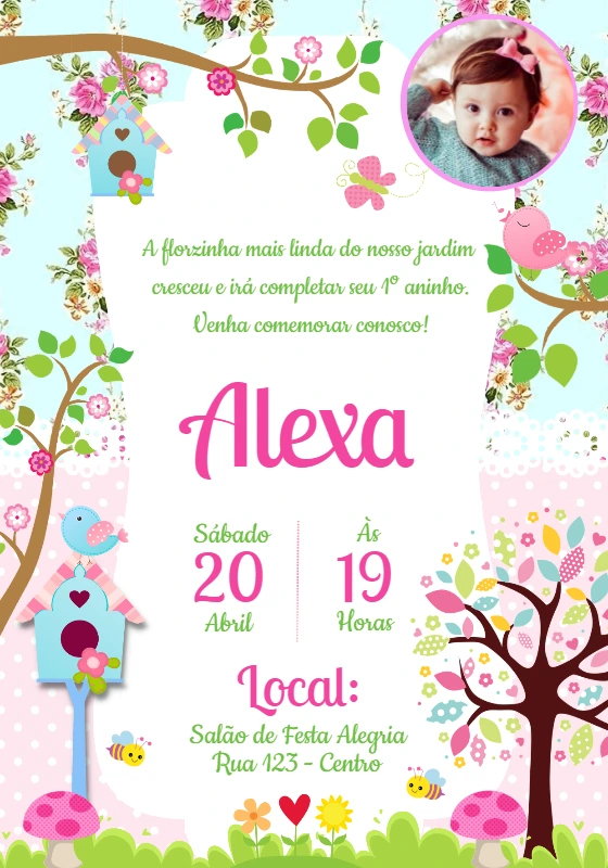 Convite Aniversário Jardim Encantado Rosa com Foto para Editar