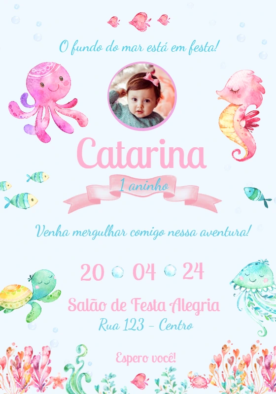 Convite Aniversário Fundo do Mar Aquarela com Foto para Editar
