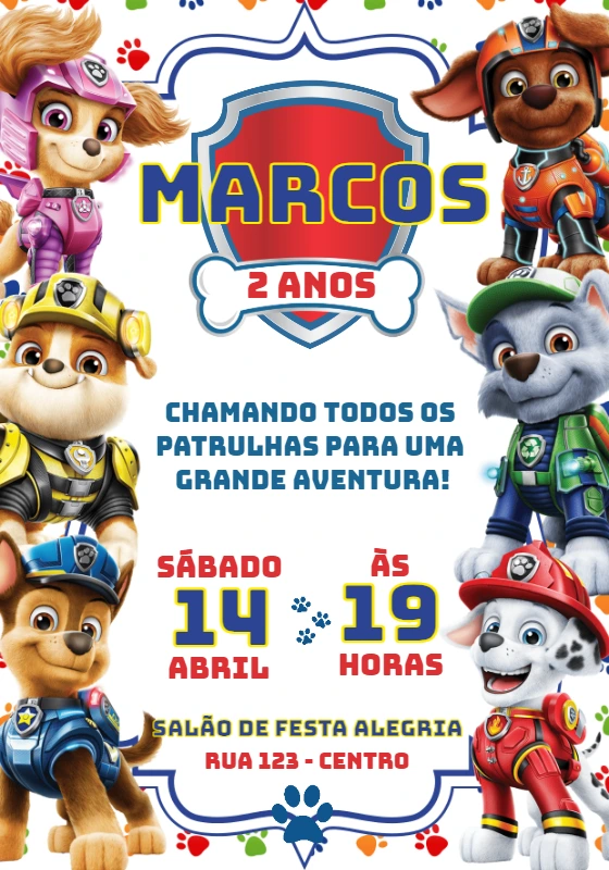 Convite de Aniversário Patrulha Canina para Editar Online