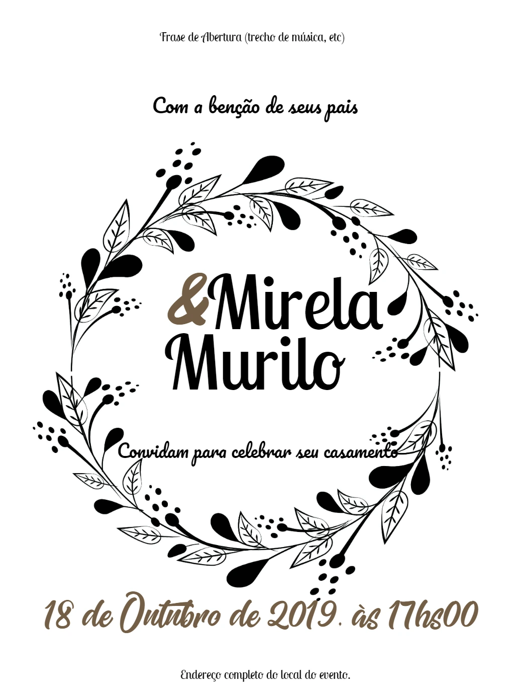 Convite de Casamento Floral com Ramo de Folhas para Editar